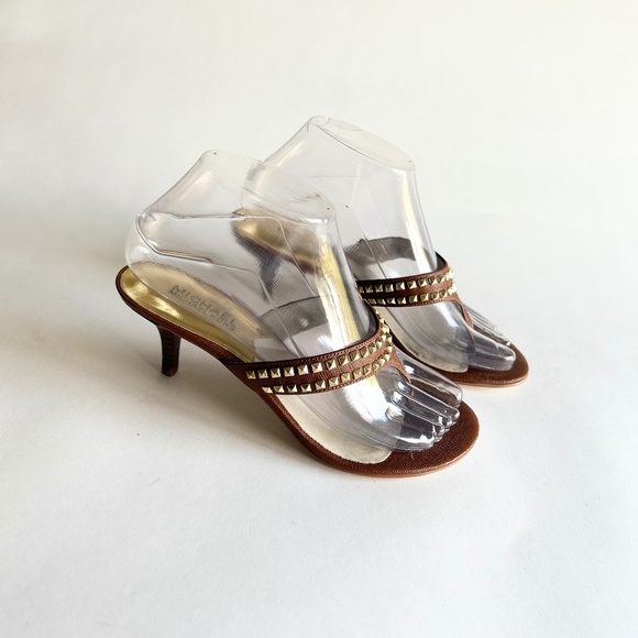 New Michael Kors Tan Leather Gold Metal Hardware Heeled Sandals size 6.5 - Picture 1 of 15